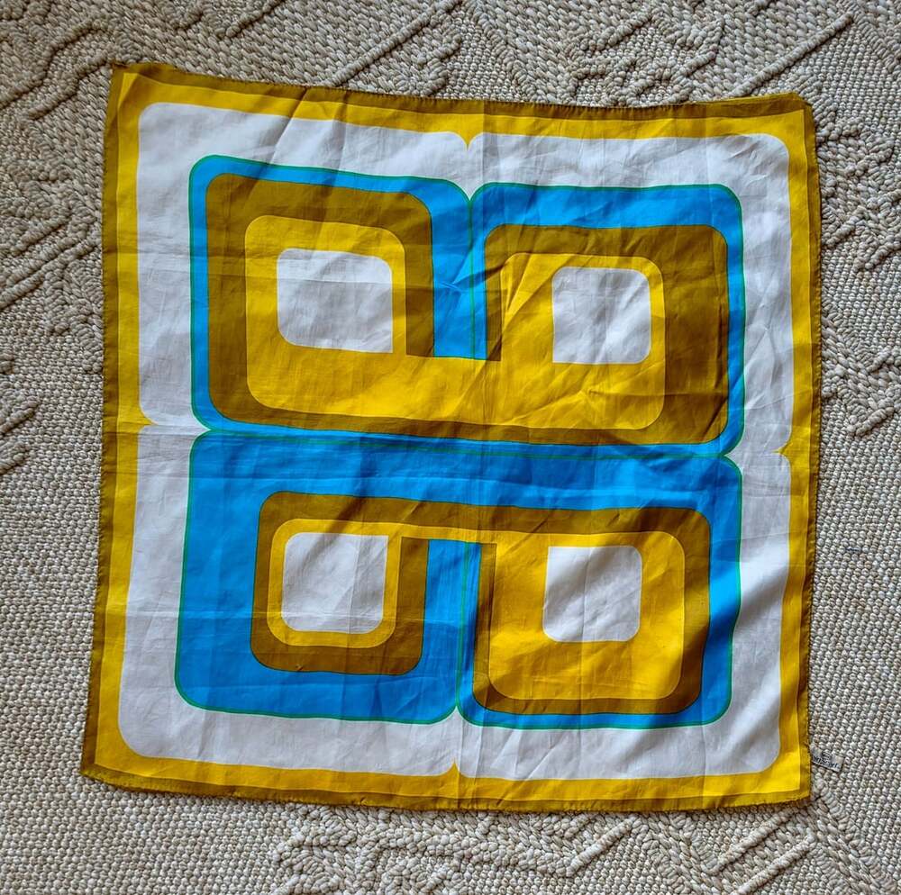 Totes Rain Scarf Geometric Retro 1973 Yellow Blue Vintage Water Repellent